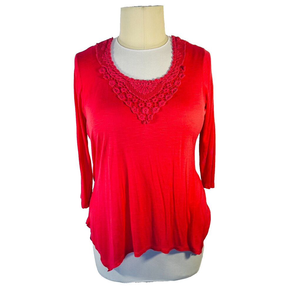 Decorated Originals Tunic Women's XL Coral Pink 3/4 Sleeve Sharkbite Hem Crochet
